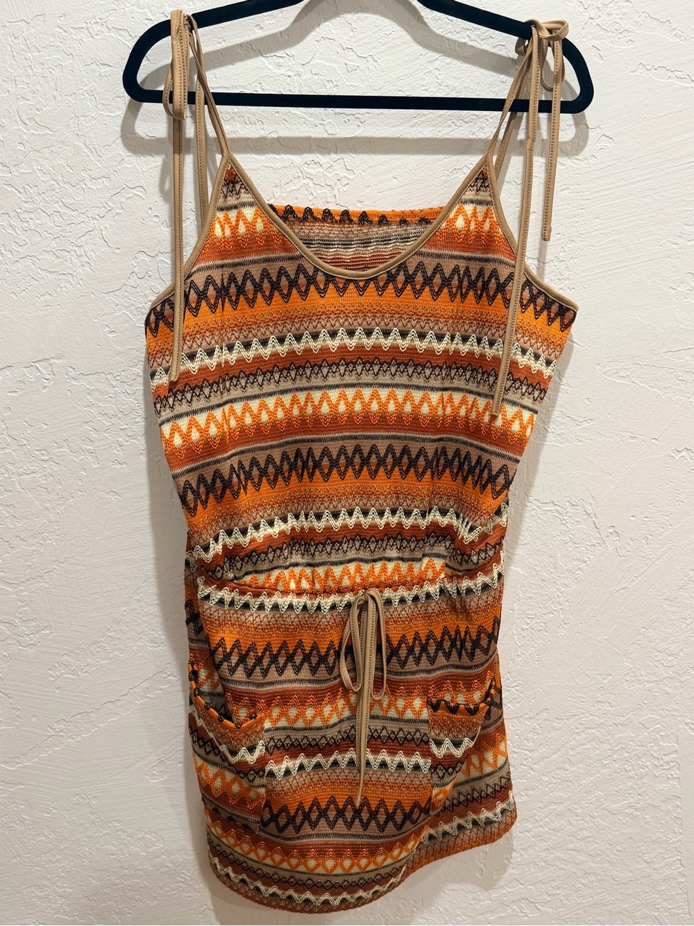 SHEIN Tie-Shoulder Orange Patterned Knit Tank Dress